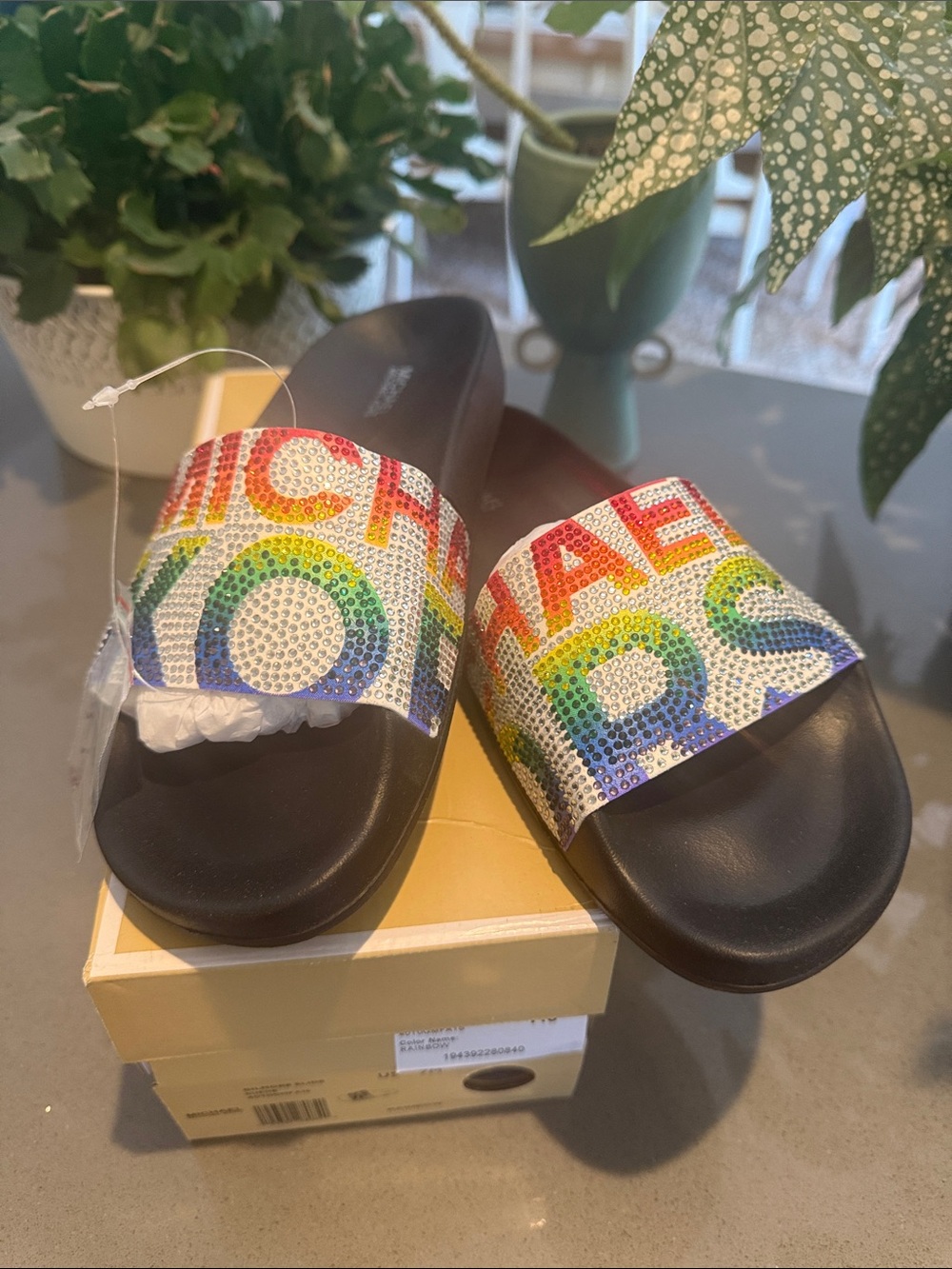 MICHAEL Michael Kors Black Slide Sandals with Multicolor Crystal Logo Strap